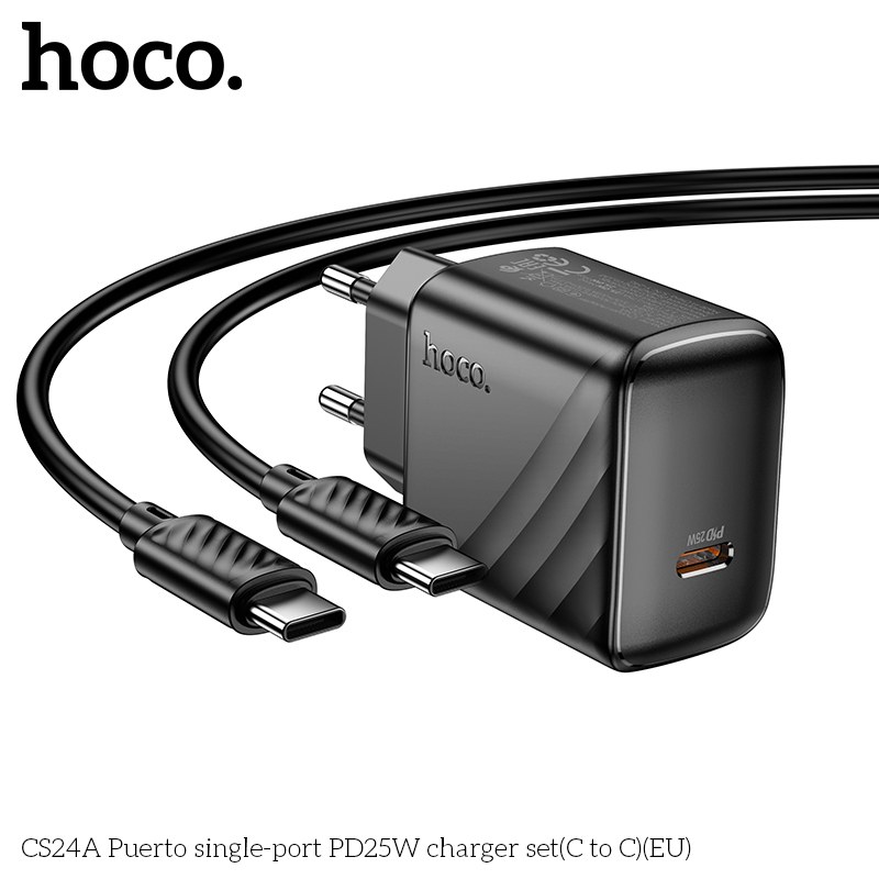 Hoco CS24A PD 25W Fast Charger With 25W Type c to Type c Data Cable EU Plug 25W Samsung Charger Support All SmartPhone Fast Charger Samsung Charger 25watt Charger With Cable - Blac