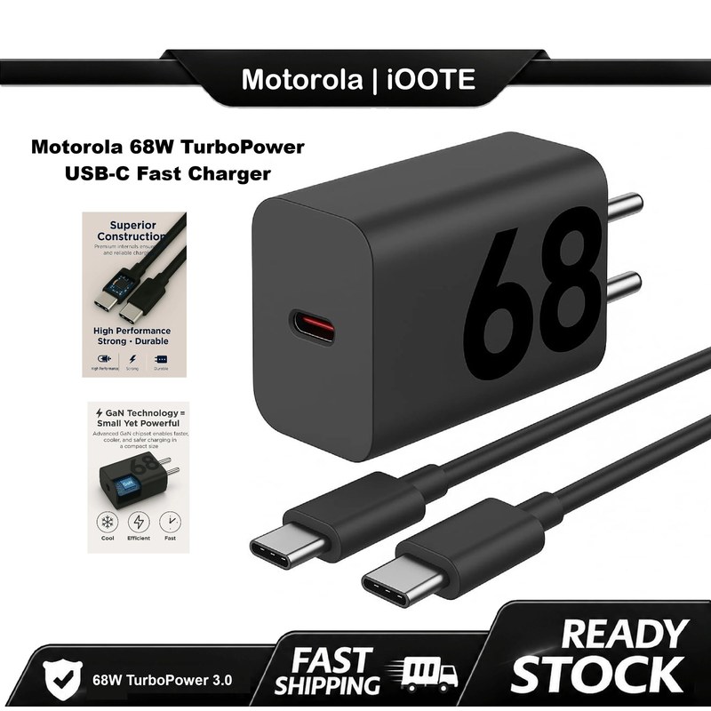 Motorola 68W TurboPower USB-C Fast Charger Adapter with 1M Type-C HyperCharge Cable | 68watt Charging for Moto Edge 60 Pro, Edge 60 Fusion, Edge 50, Razr 60 Ultra, G96, G85, G64, G