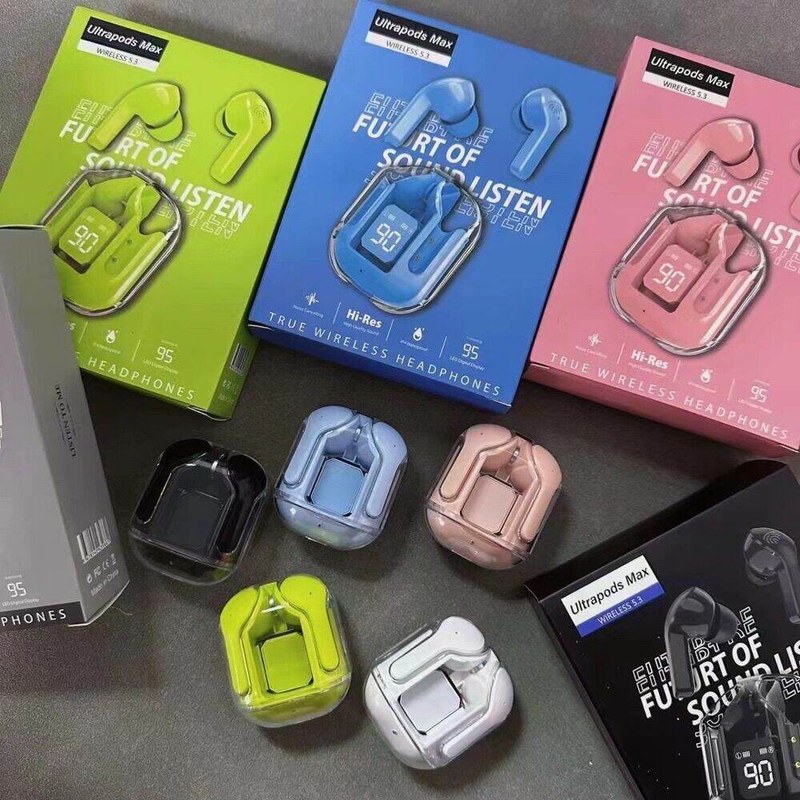 Ultrapods Max 5.3 Wireless Earbuds with Touch Control and Hi-Res Audio, Bluetooth 5.3, LED Display, Clear Transparent Design - New