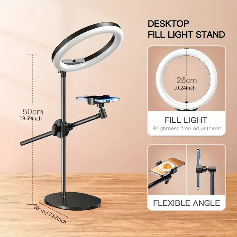 26cm LED Ring Light with Desktop Stand & Mobile Holder Adjustable Fill Light for Live Streaming, YouTube, TikTok & Makeup