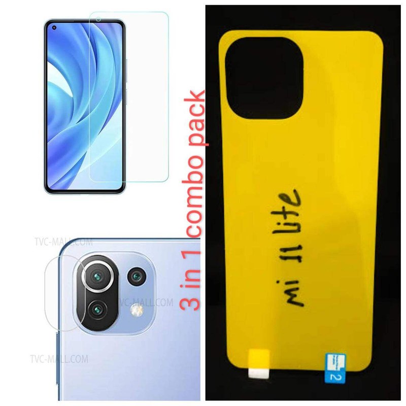 3in1 Combo Pack for xiaomi redmi mi 11 lite / mi 11 lite ne 5g Full Cover Tempered Glass Screen Protector + Clear Transparent Scratch Resistant Ultra Thin Back Protector Film + H