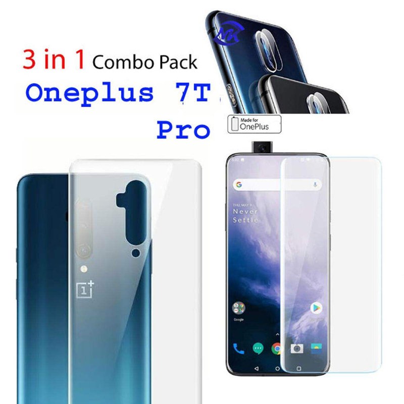 For OnePlus 7T Pro - (3IN1) - Premium Quality Full Cover UV Clear Tempered Glass Screen Protector, Back Side Protector Film, Camera Lens Protector FIlm