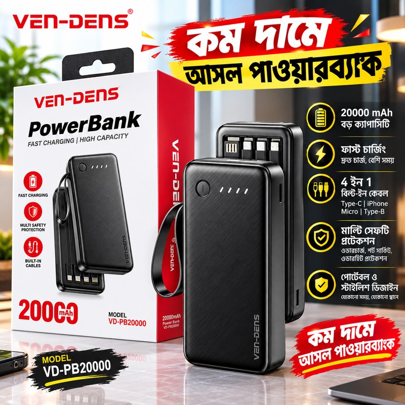 Vendens 20000 and 10000 mah 4 in 1 fast charging power bank (premium quality)