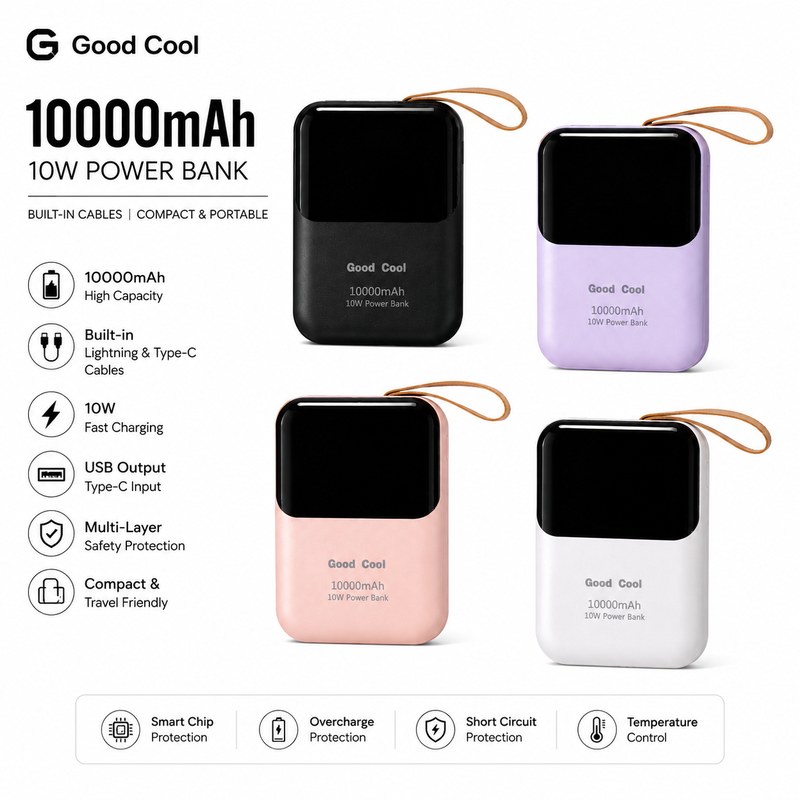 Good Cool 10000mAh Portable Power Bank with LED Digital Display & Bright Flashlight - 10W Fast Charging Compact Powerbank for Type C & iOS