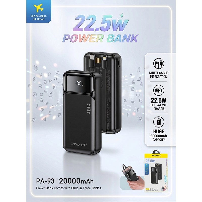 Awei PA-93 22.5W Fast Charging Power Bank with Built-in Cable 20000mAh