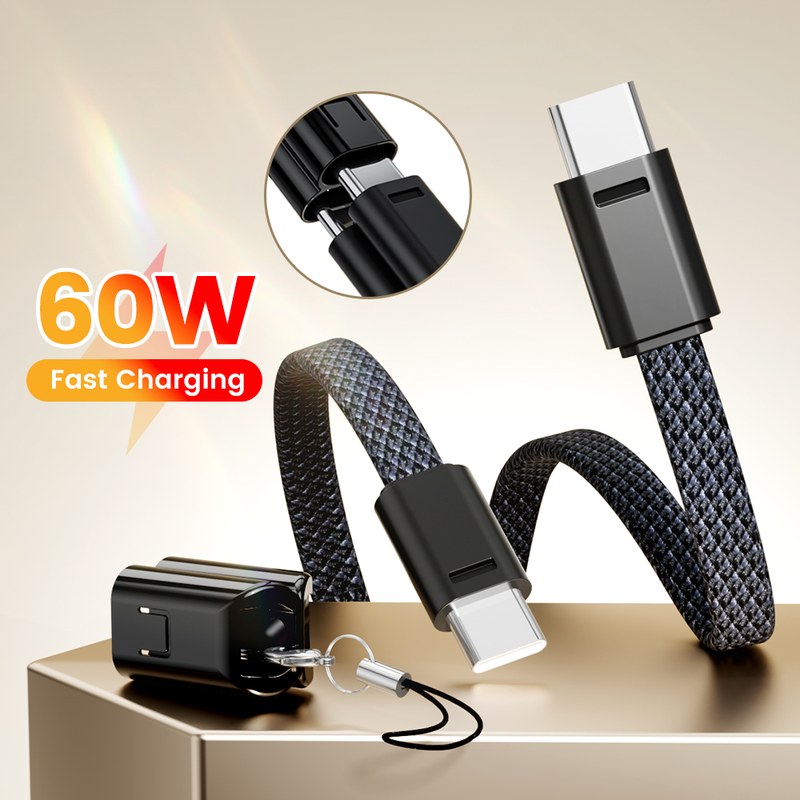 60W Fast Charging Short USB C Cable KeyChain Lanyard Type C To Type C Cable for iPhone 15 16 Power Bank Cable