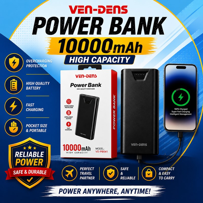 VEN-DENS 10000mAh Fast Charging Power Bank VD-PB041 โ Dual USB Ports, Lightweight Portable Battery Pack for Android & iPhone