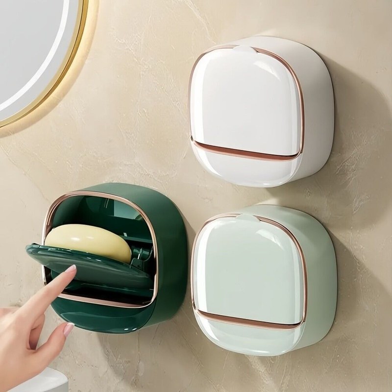 Organizer Case With Lid Drain Soap Box Wall Mounted Punch-Free Soap Dish Flip-Top Creative Storage Rack Travel Storage