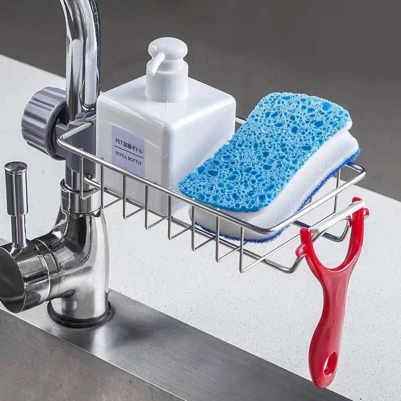 Sponge Drain Rack, Faucet Storage Rack, Kitchen Sink Storage Rack, Bathroom Storage Rack, Shelf Hanging from The Faucet, Stainless Steel Hanging Storage Rack, Soap Dish Brush Rack