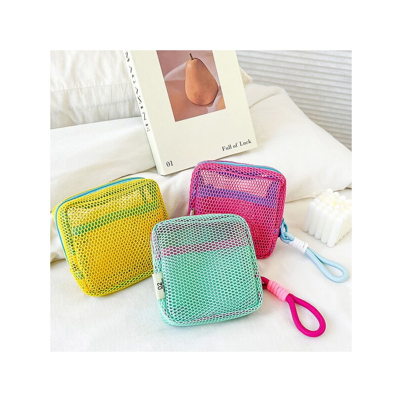 1 Pcs Travel Portable Mesh Makeup Storage Bag Mini Square Travel Toiletry Gadget, Power bank, Mobile Pouch and Coin Purse with Wristlet Strap for Women