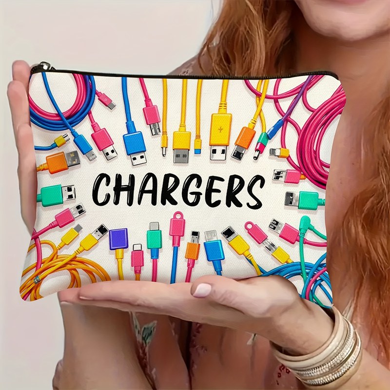 Colorful Cable USB Storage Bag Travel Organizer Zipper Pouch Office Desk Accessories Home Organizer with "CHARGERS" Print Design